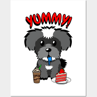 Cute schnauzer dog is having coffee and cake Posters and Art